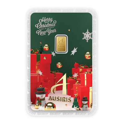 ทองคำแท่ง 1 กรัม คริสต์มาส-ปีใหม่ การ์ดเขียว-กล่องของขวัญสีแดง